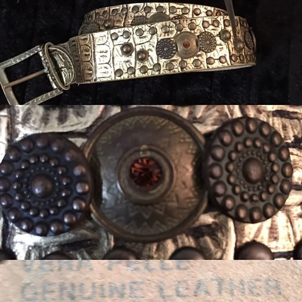 Vera Pelle Authentic Leather Metal Stone Croc Belt‎